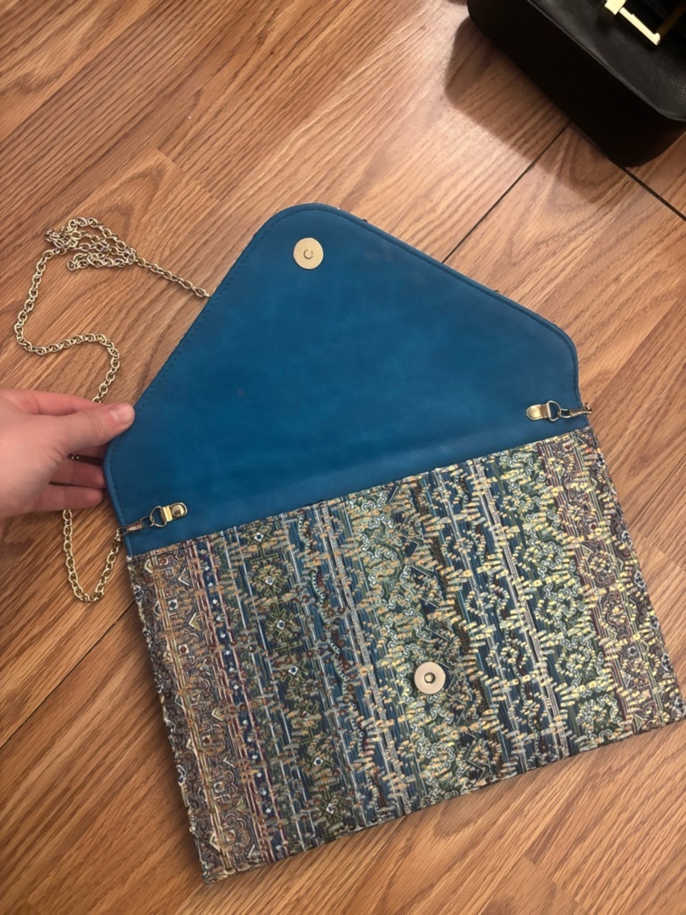 Metallic Blue Patterned Envelope Clutch with Gold Chain - Picture 5 of 7